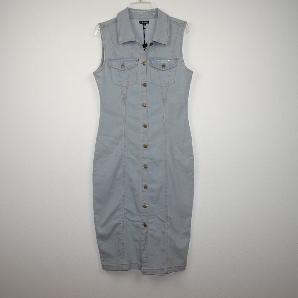 Bebe Denim Shirt Dress Women's Size L Blue Sleeveless Rhinestone Logo